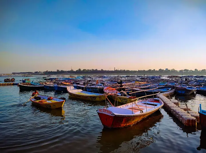 Colourful boats at the Triveni Sangam in Prayagraj